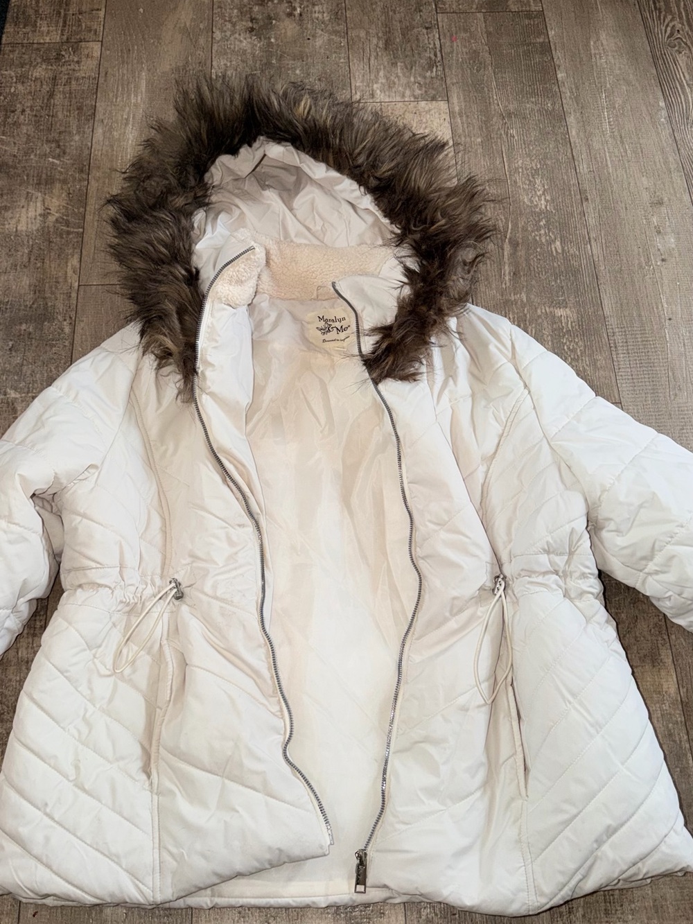 Maralyn & Me Ivory Quilted Hooded Puffer with Faux Fur Trim